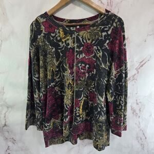 Habitat Shirt Womens Small Gray Black Floral Knit Sweater Artsy Art Plush Long